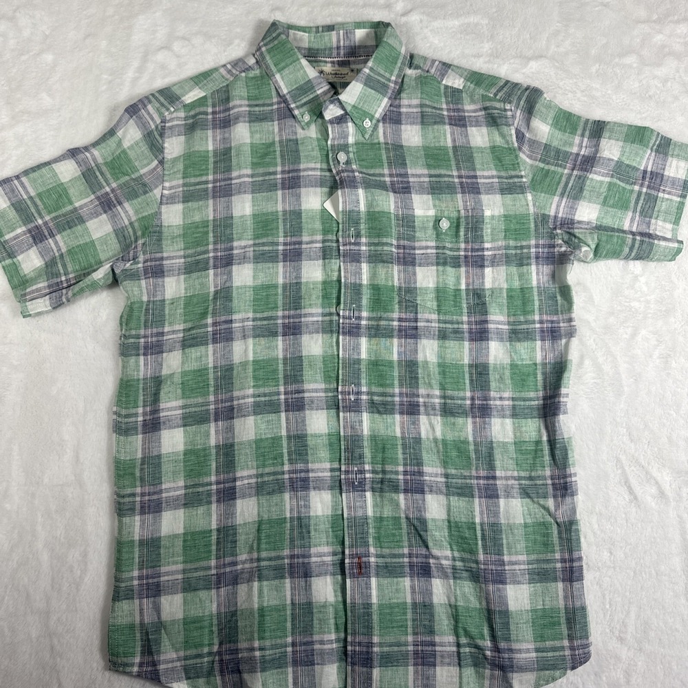 Weatherproof Vintage Mens XXL Green Plaid Linen Blend Short Sleeve Button Down
